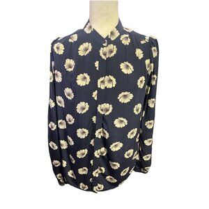 Ann Taylor Black Label  Womens Small Tall Blue Long Sleeve ButtonUp Shirt Floral